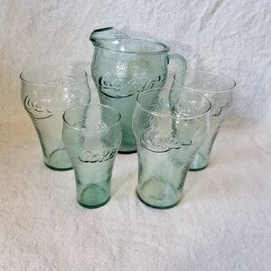 Vintage Coca-Cola Green Glass Pitcher w/ Matching Tumblers Pebbled Indiana Glass